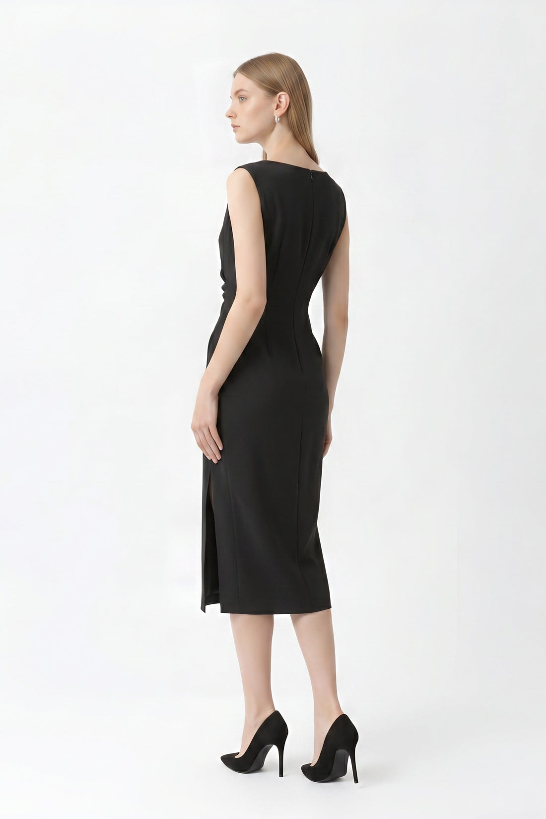 Black Sleeveless Ruched Midi Bodycon Dress