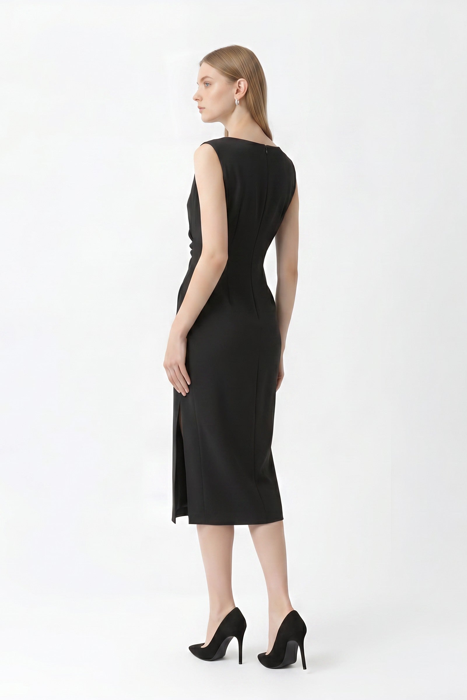Black Sleeveless Ruched Midi Bodycon Dress