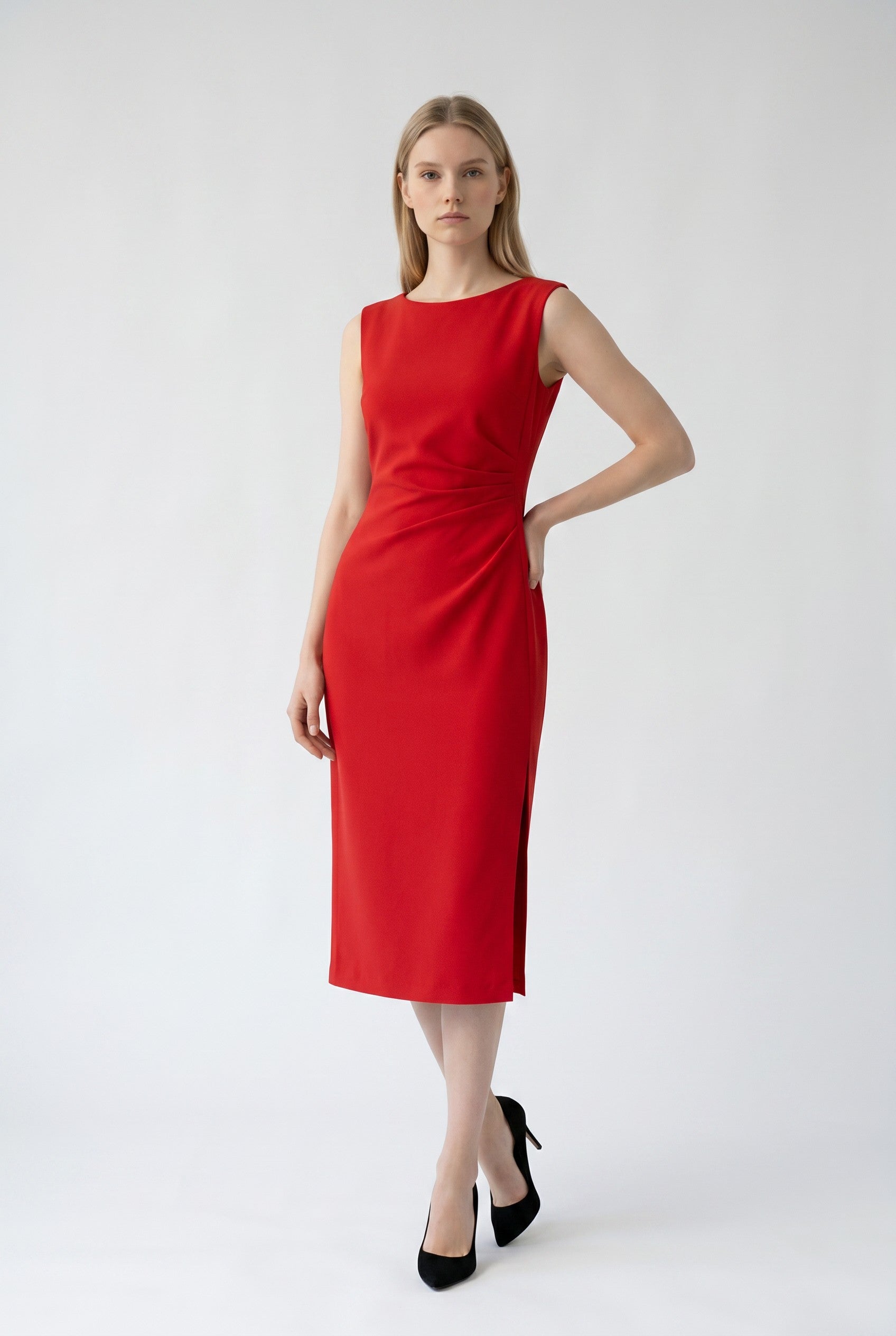 Black Sleeveless Ruched Midi Bodycon Dress