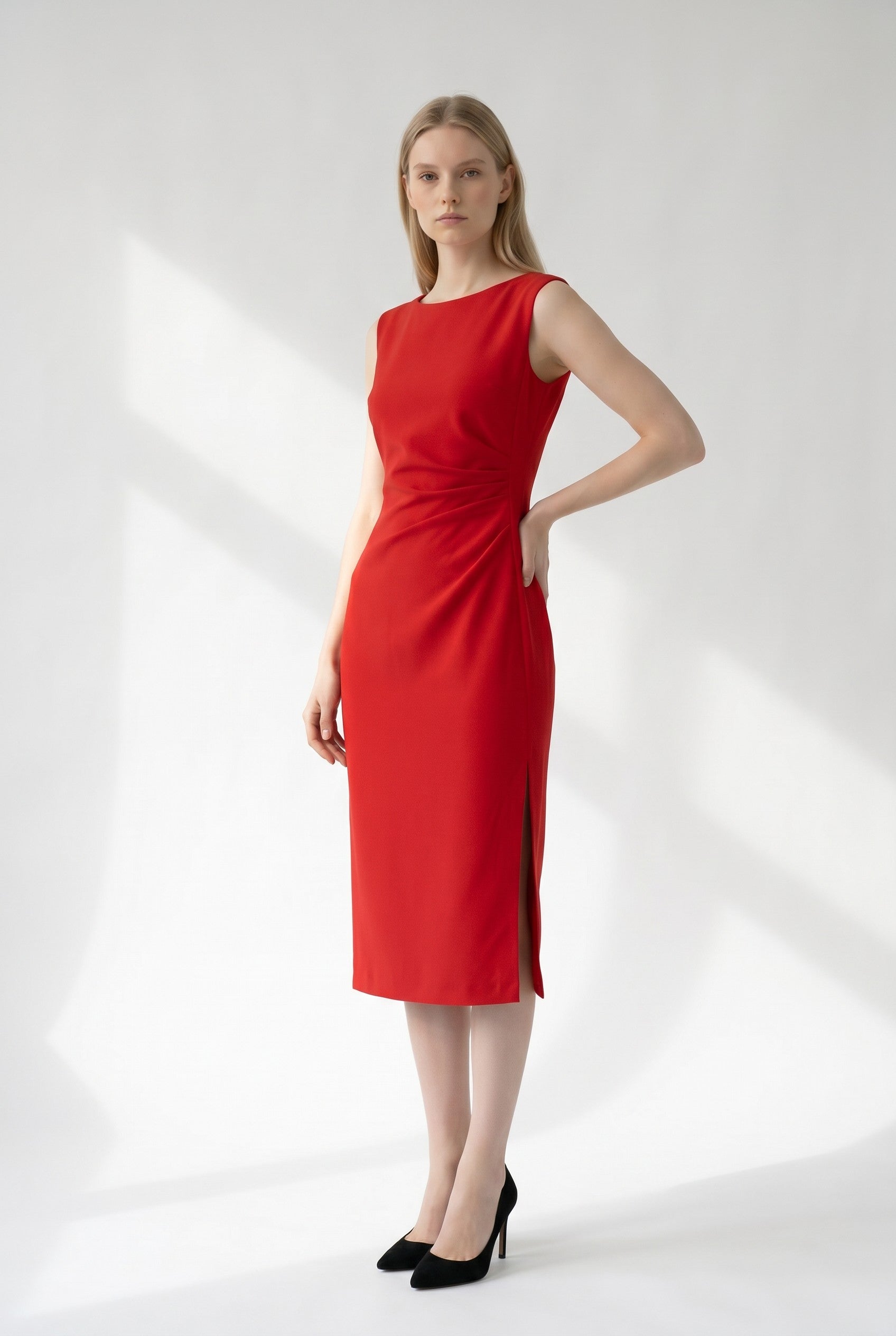 Black Sleeveless Ruched Midi Bodycon Dress