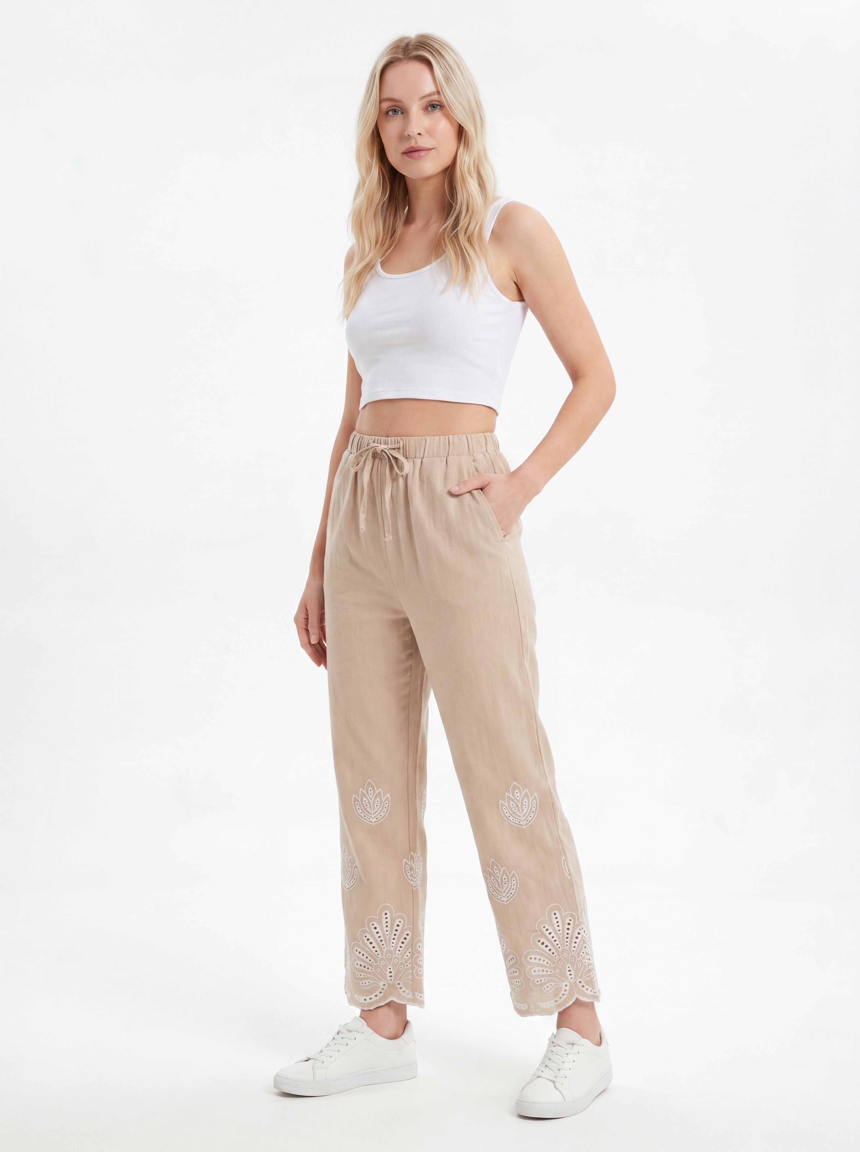 Beige Relaxed Straight Leg Embroidered Pants