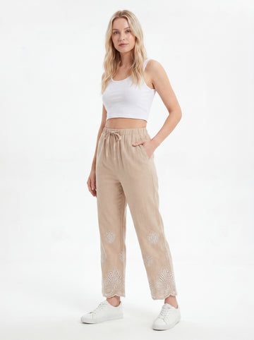 Beige Relaxed Straight Leg Embroidered Pants