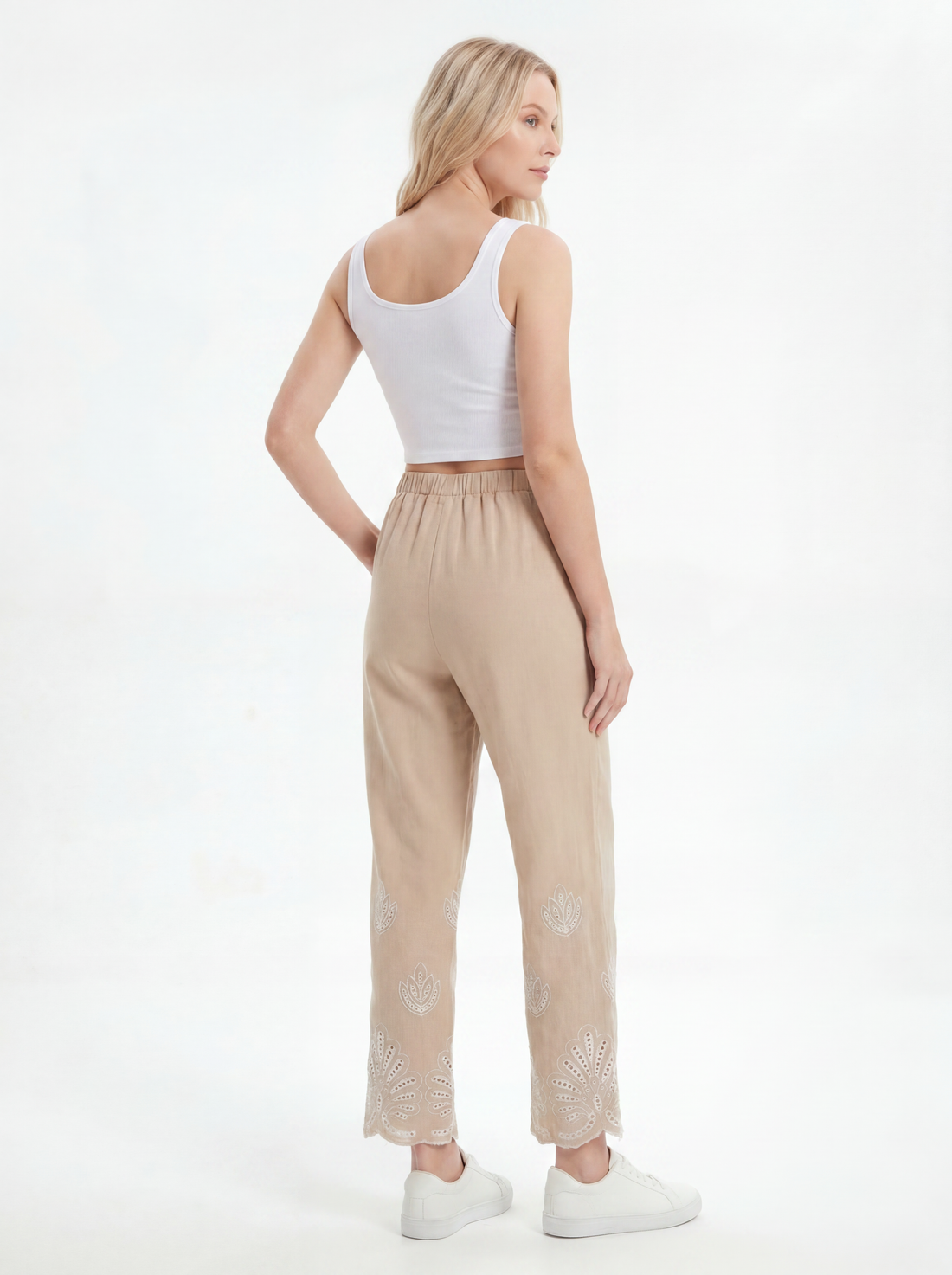 Beige Relaxed Straight Leg Embroidered Pants