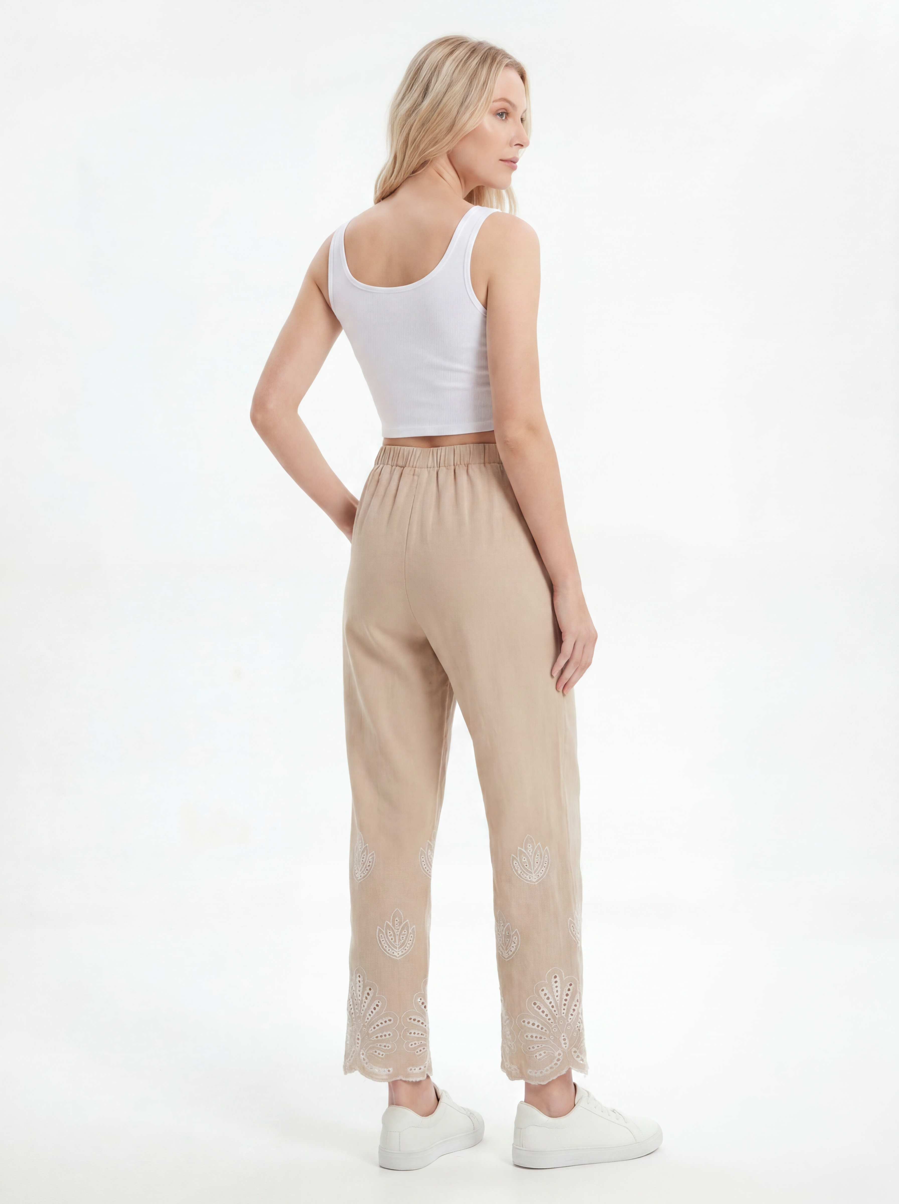 Beige Relaxed Straight Leg Embroidered Pants