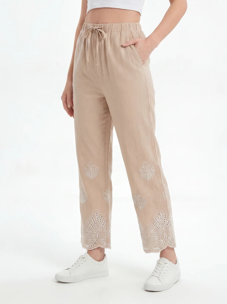 Beige Relaxed Straight Leg Embroidered Pants