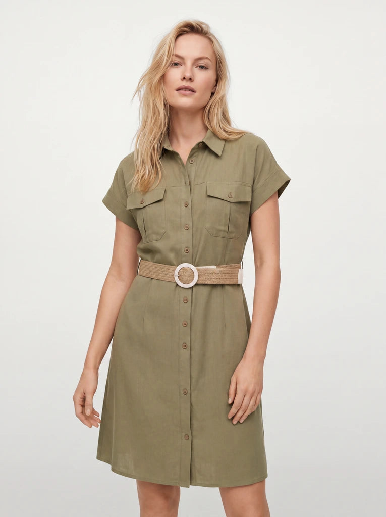 Olive Belted Utility Shirt Dress with Pockets