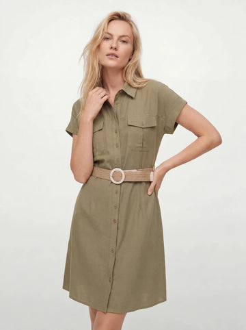 Olive Belted Utility Shirt Dress with Pockets