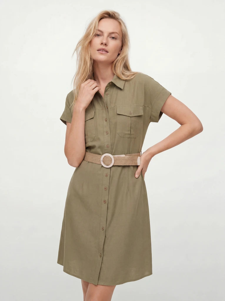 Olive Belted Utility Shirt Dress with Pockets