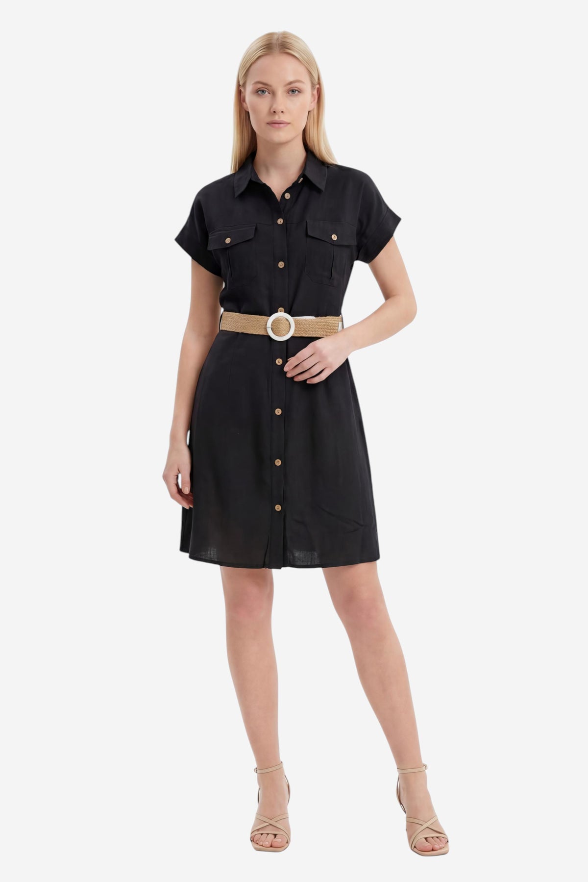 Black Linen-Blend Utility Shirt Dress
