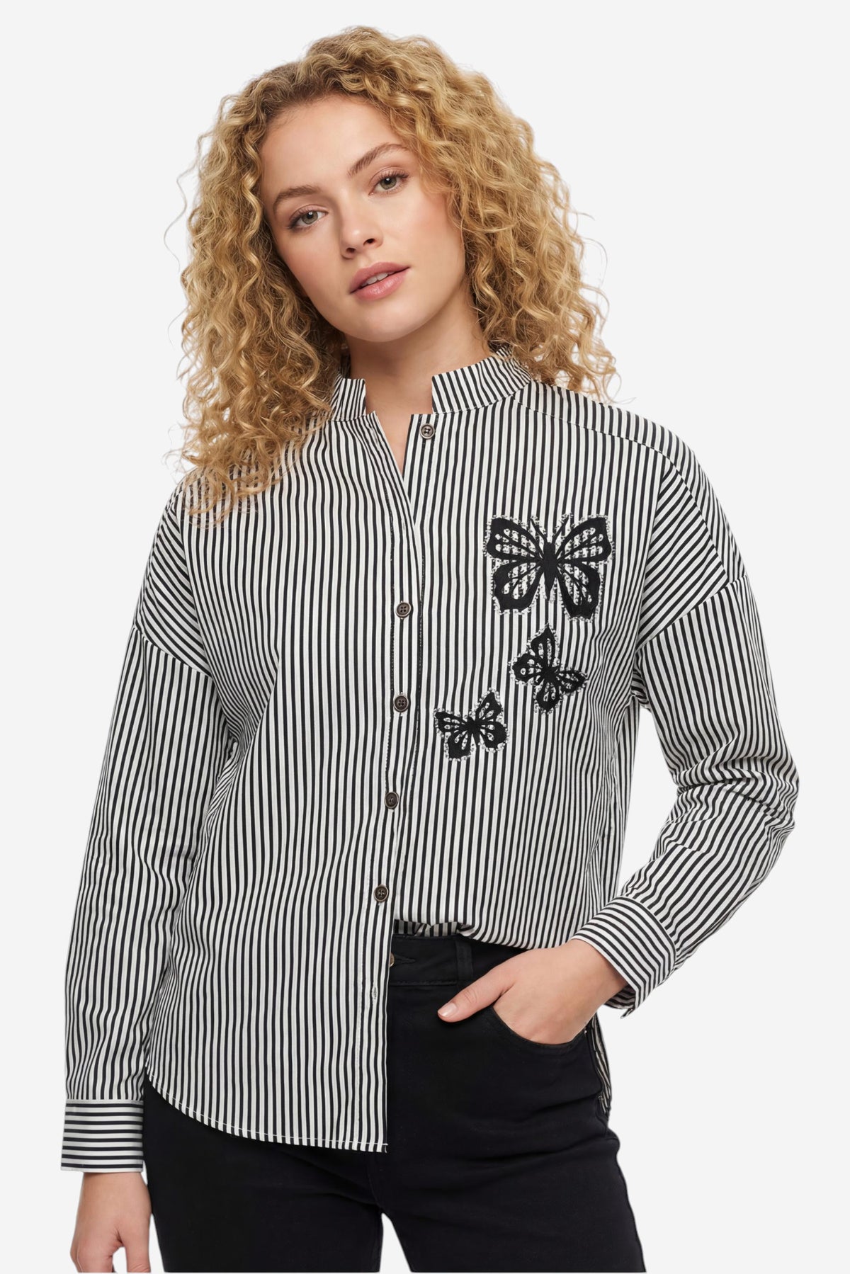 Striped Butterfly Embroidered Shirt