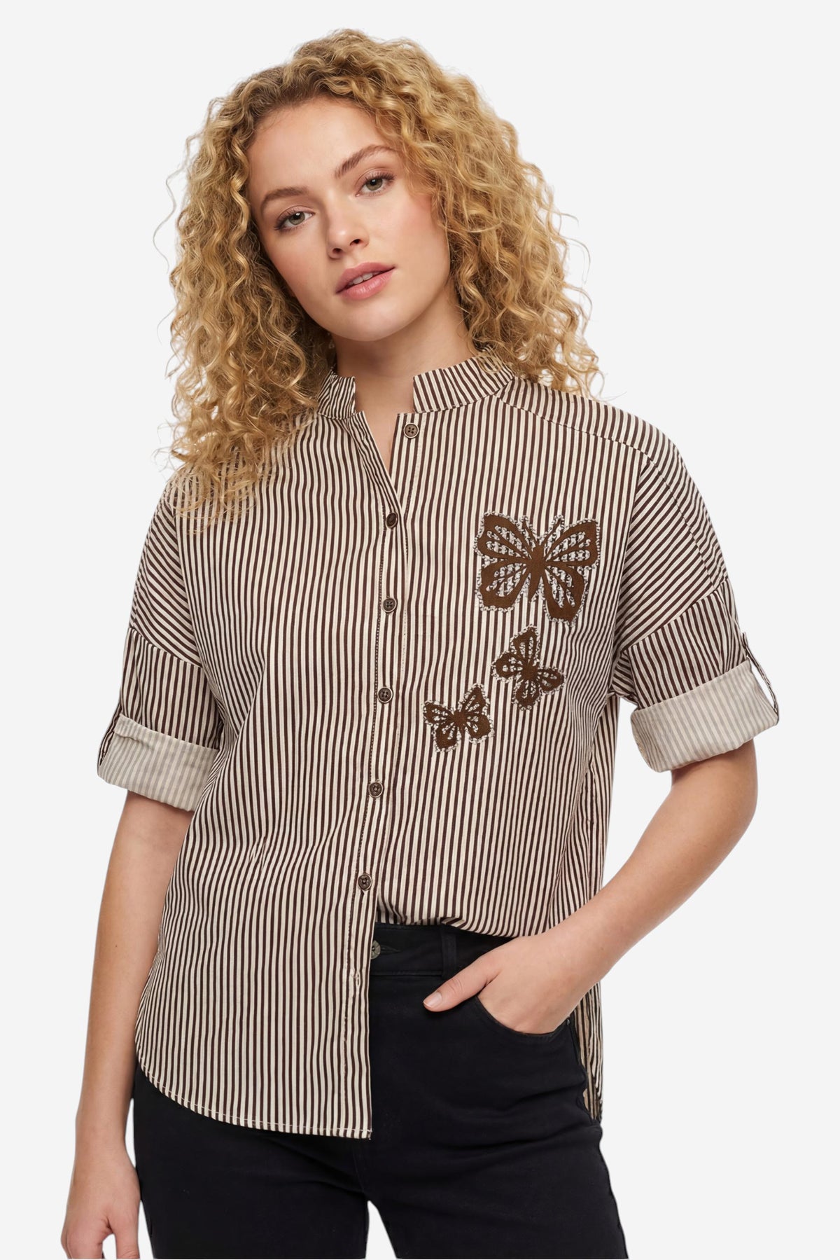 Striped Butterfly Embroidered Shirt