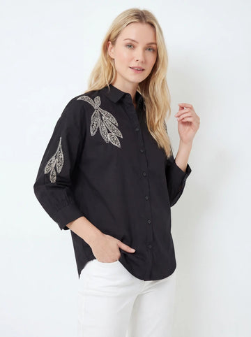 Black Floral Embroidered Relaxed Button-Up Shirt