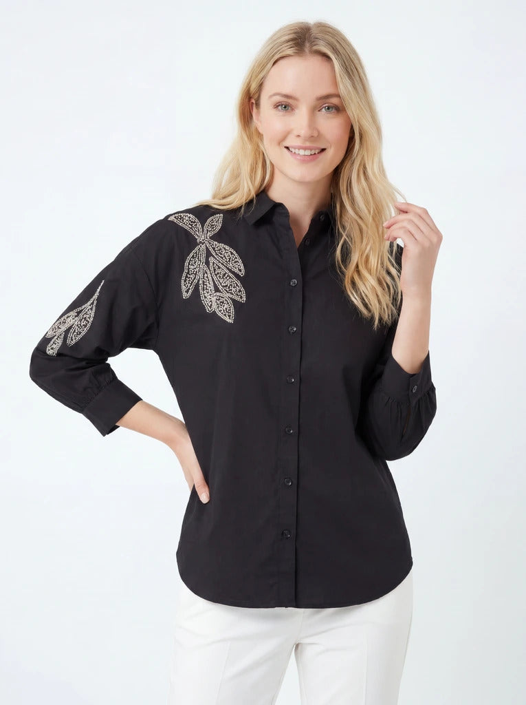 Black Floral Embroidered Relaxed Button-Up Shirt