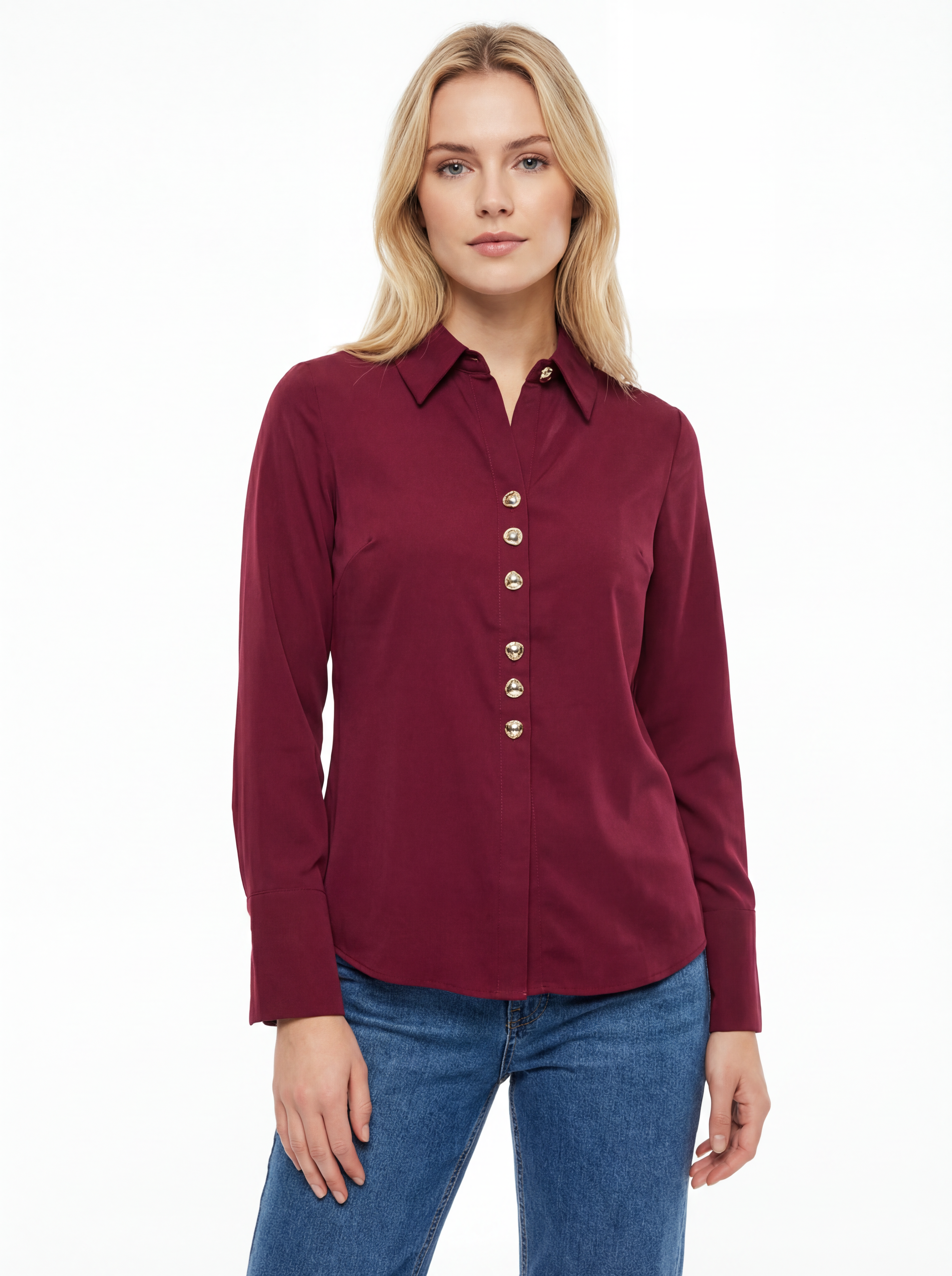 Burgundy Regular Fit Button Detail Long Sleeve Top
