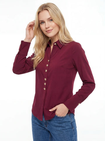 Burgundy Regular Fit Button Detail Long Sleeve Top