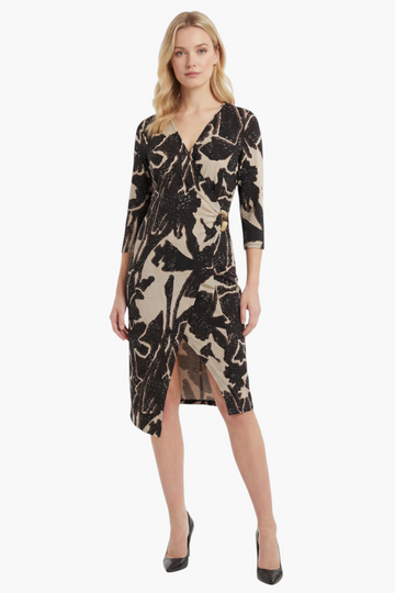 Abstract Print Wrap Dress with Gold Buckle Detail