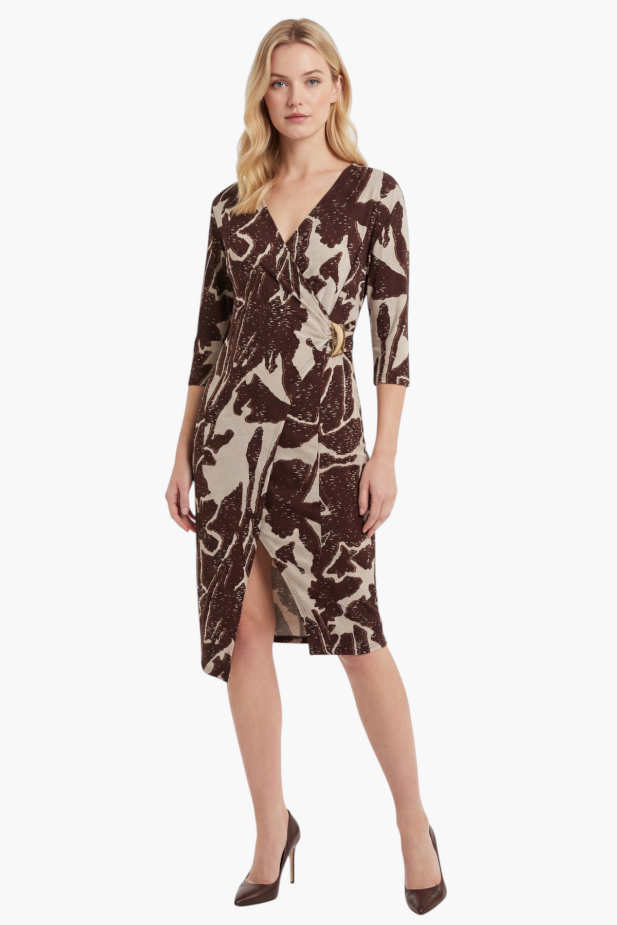 Abstract Print Wrap Dress with Gold Buckle Detail