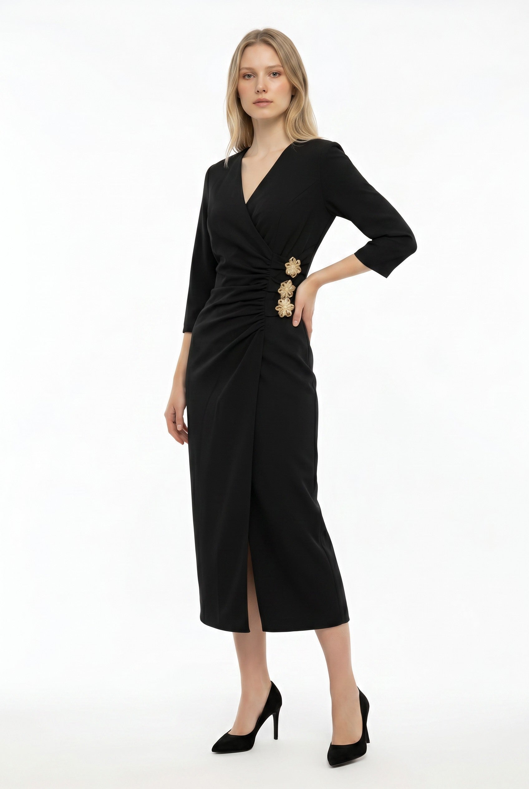 Black Wrap Style Midi Dress with Waist Detail