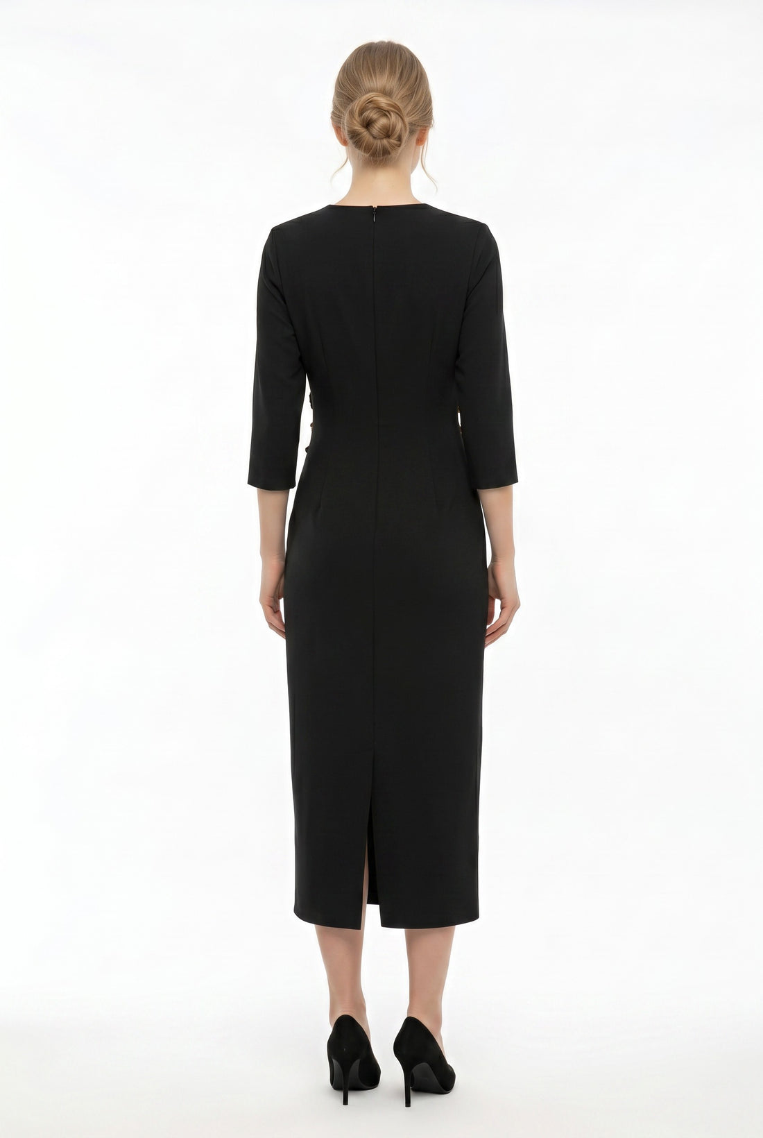 Black Wrap Style Midi Dress with Waist Detail