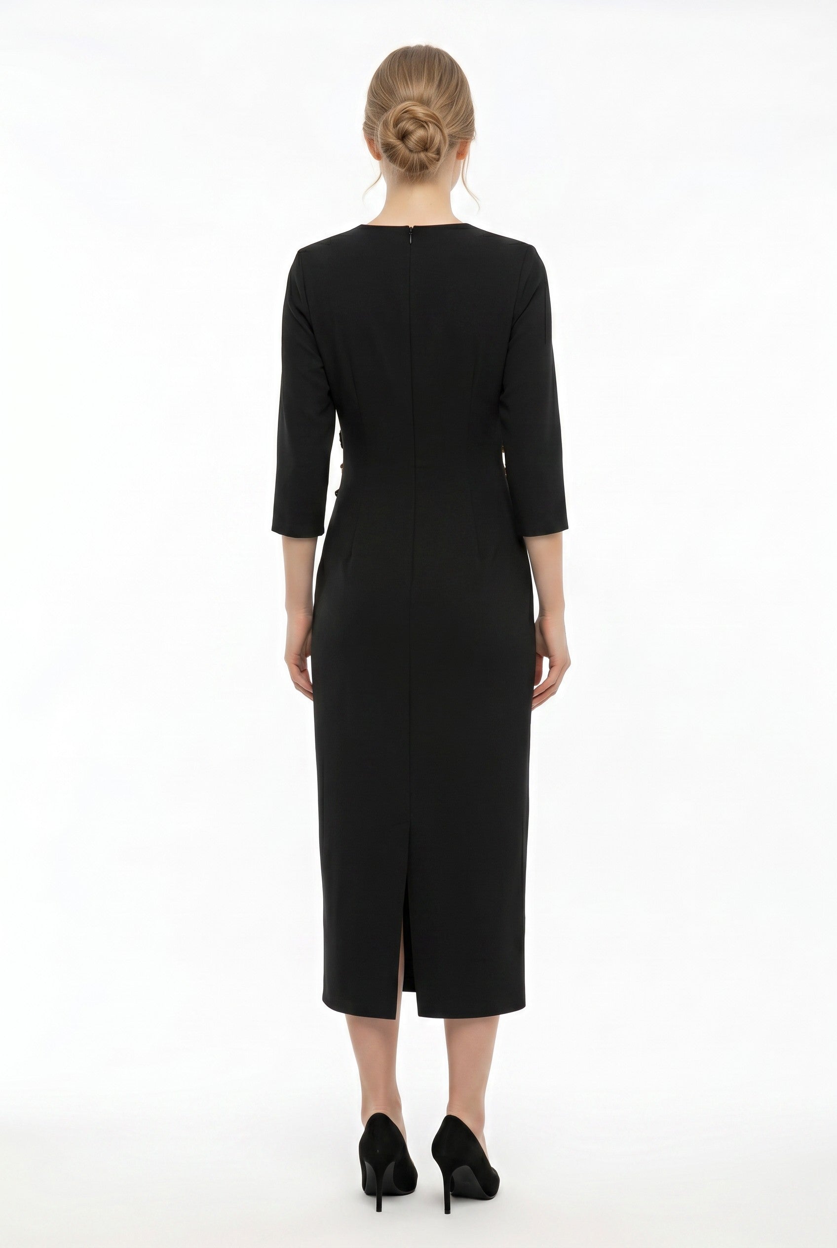 Black Wrap Style Midi Dress with Waist Detail
