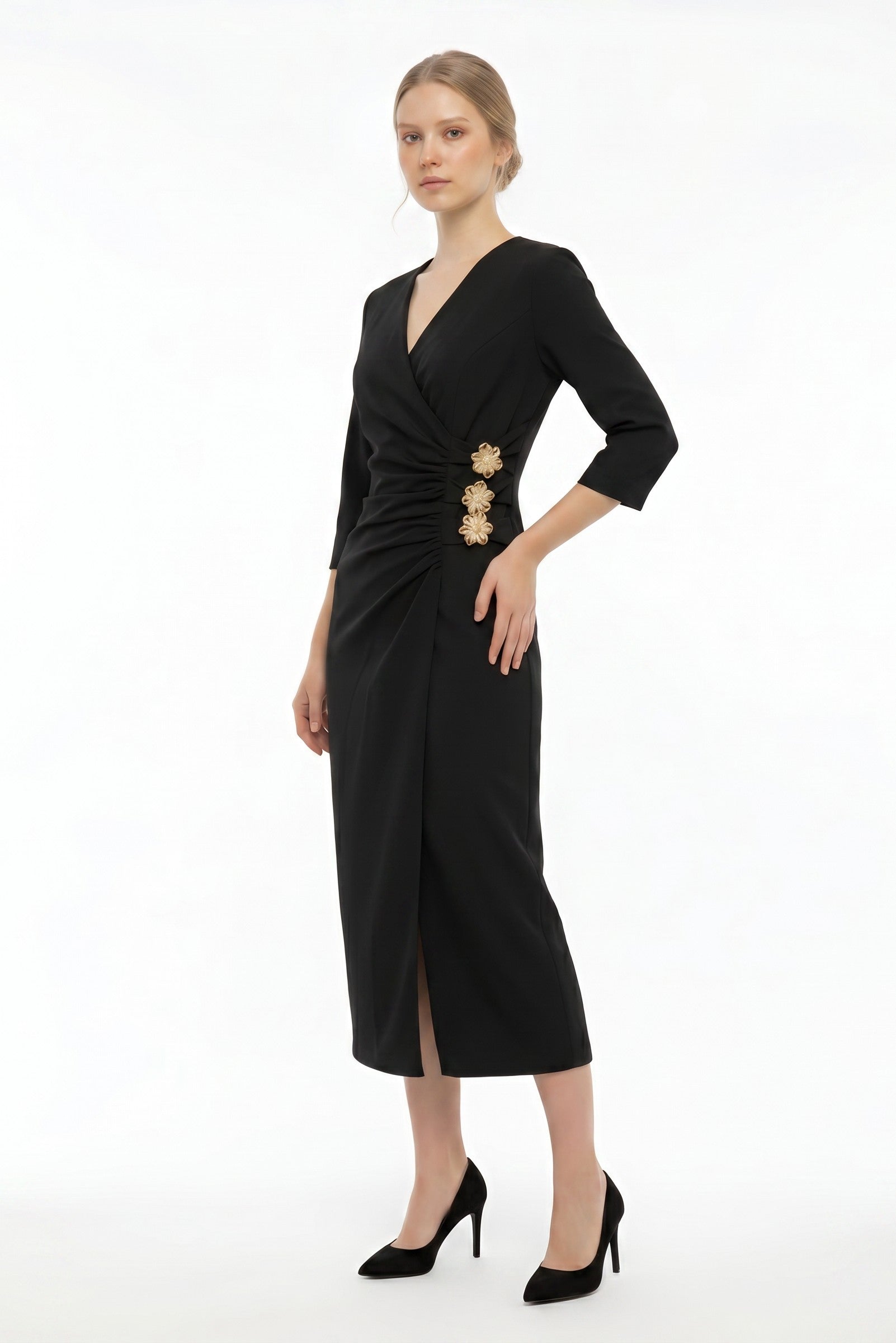 Black Wrap Style Midi Dress with Waist Detail