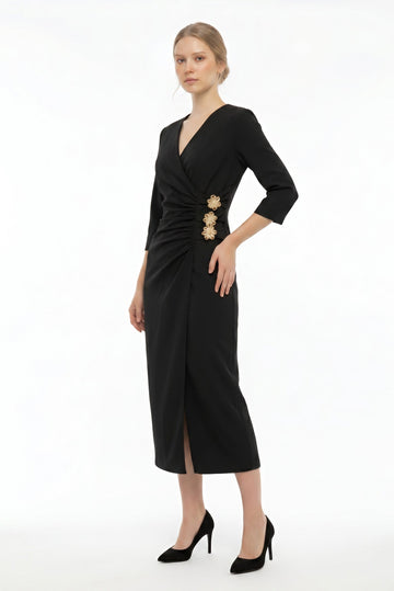 Black Wrap Style Midi Dress with Waist Detail