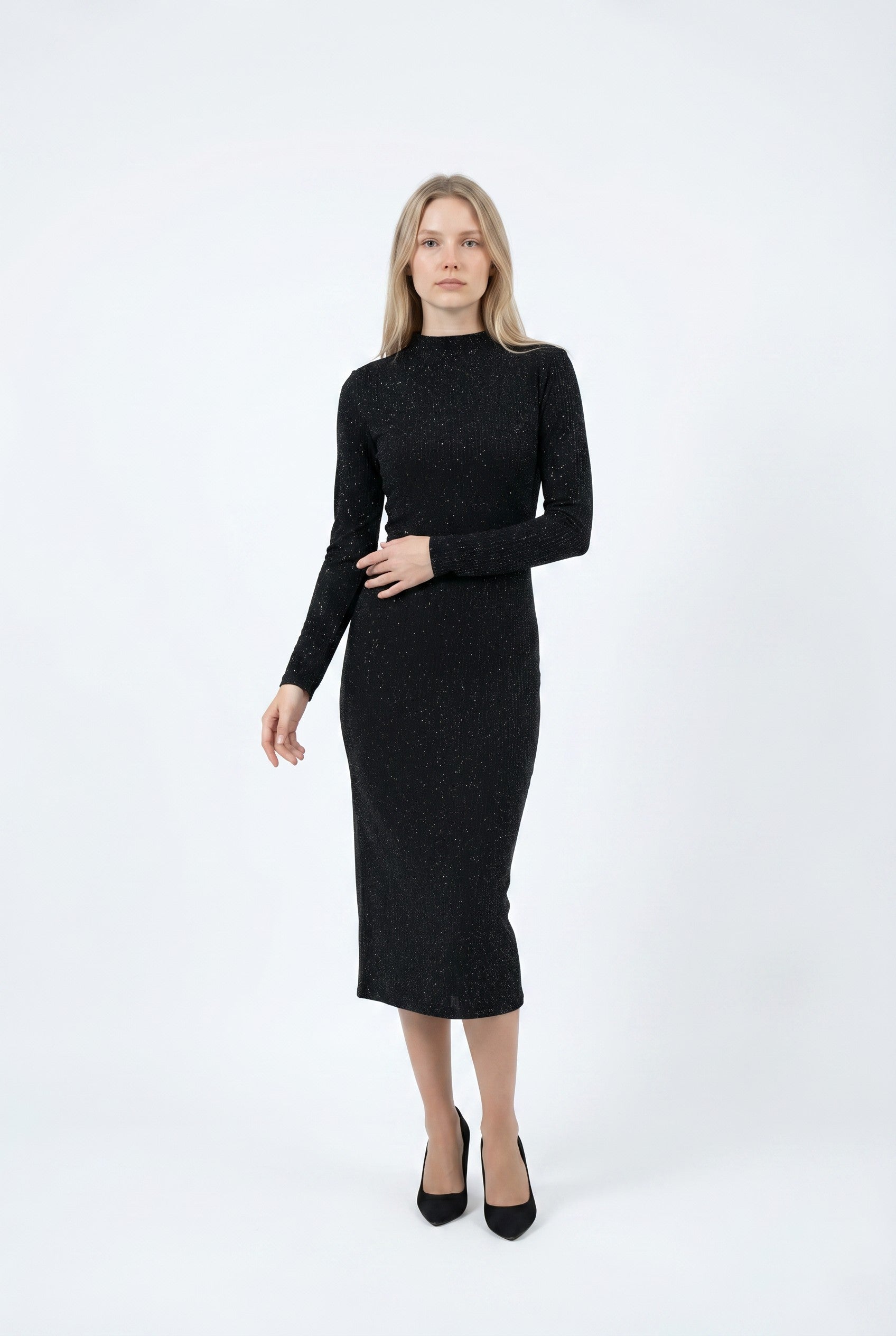 Black Ribbed High Neck Bodycon Midi Dress