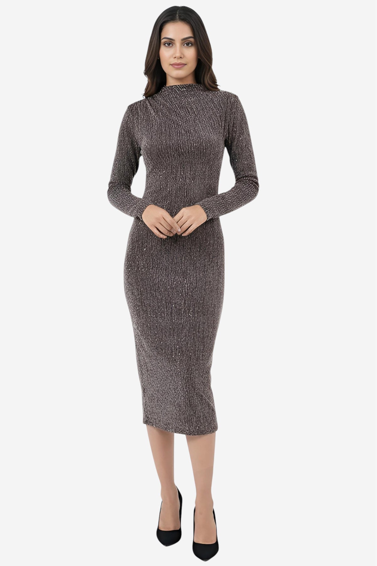 Shimmer Textured High-Neck Bodycon Midi Dress