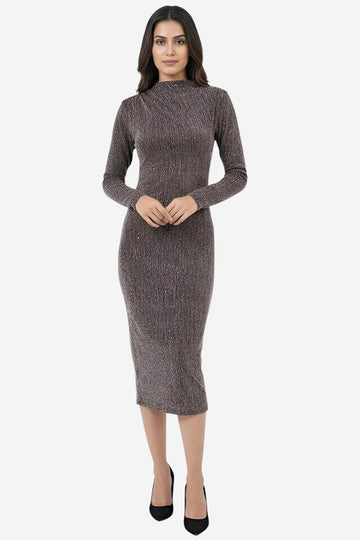 Shimmer Textured High-Neck Bodycon Midi Dress