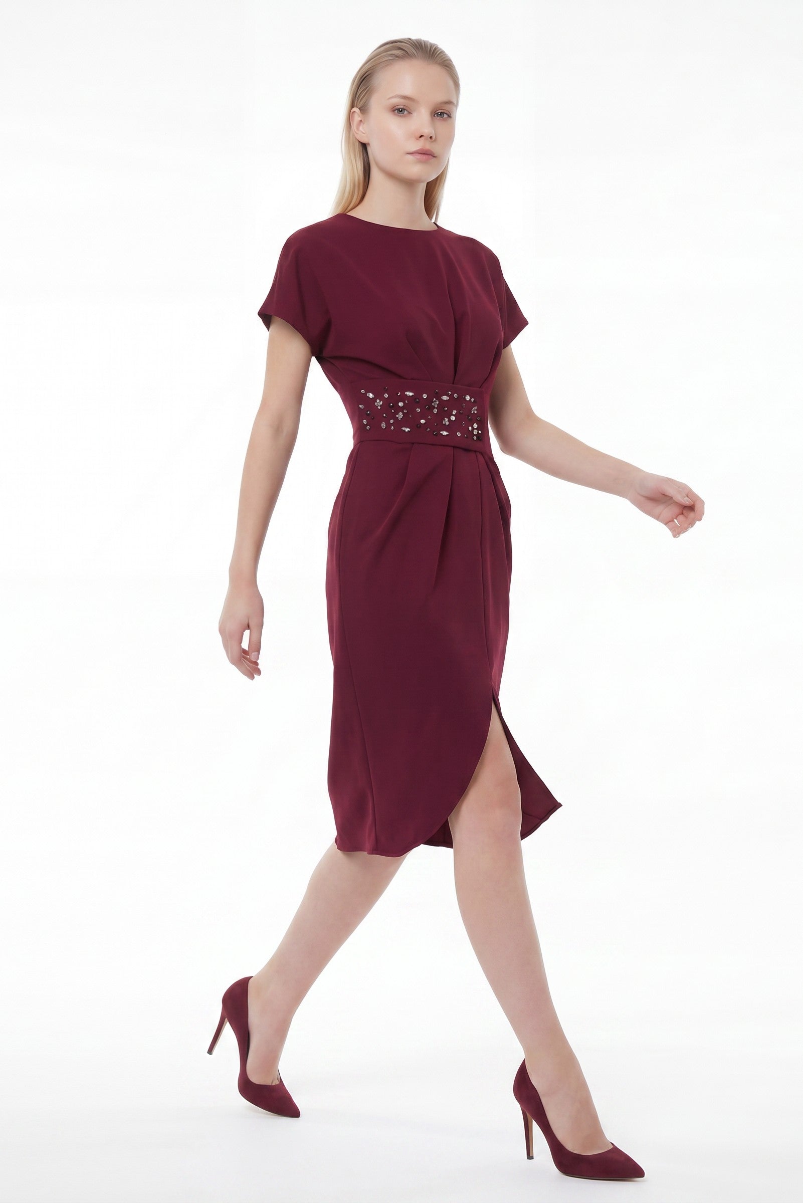 Wine Knot Waist Tulip Hem Midi Dress