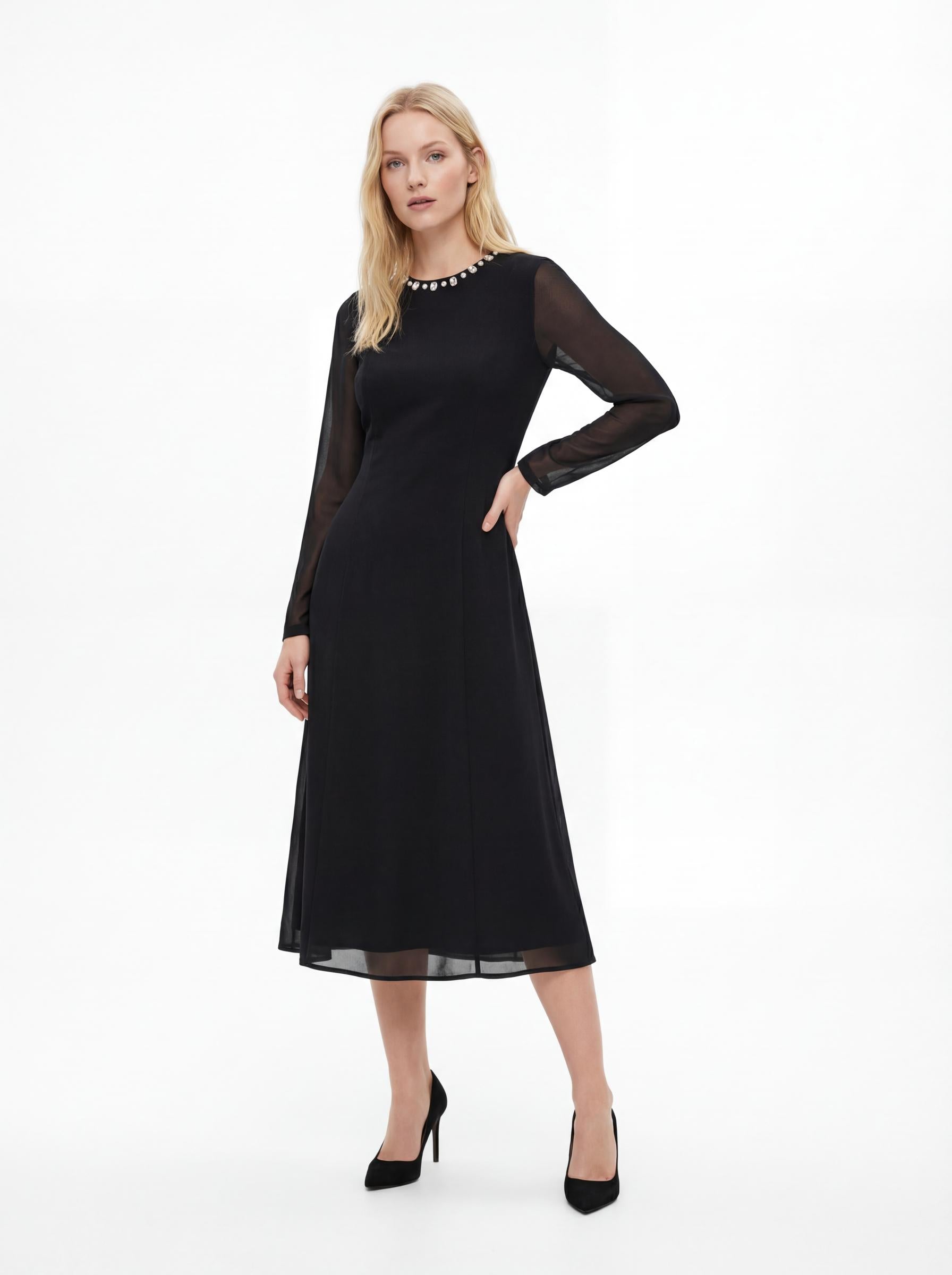Embellished Neck Sheer Sleeve Women’s Midi Dress