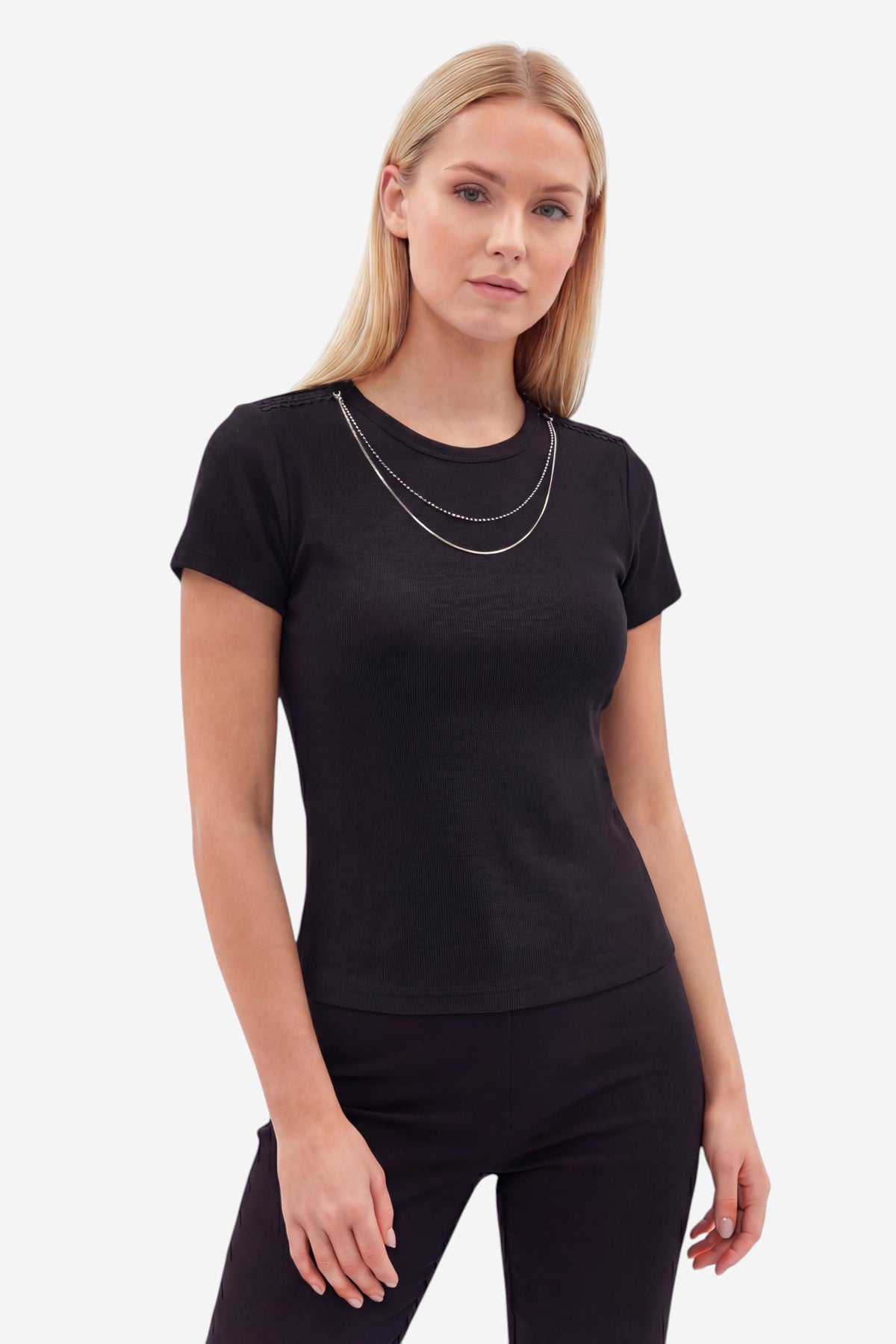 Textured T-Shirt with Layered Chain Necklace Detail