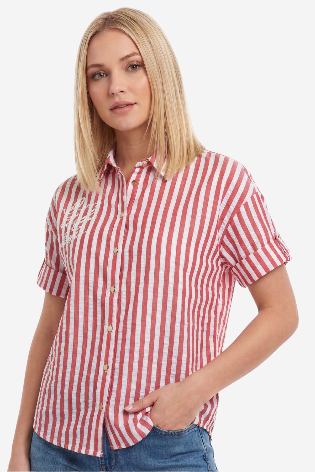Red & White Striped Seersucker Shirt