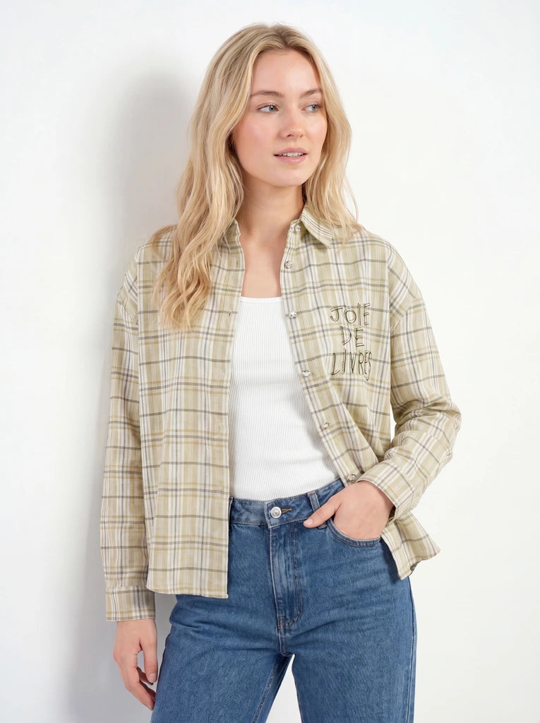 Beige Checked Cropped Button Front Shirt