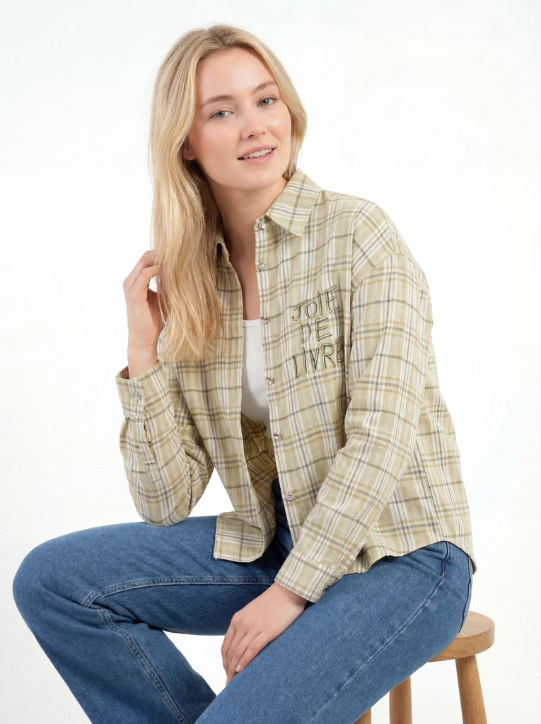 Beige Checked Cropped Button Front Shirt
