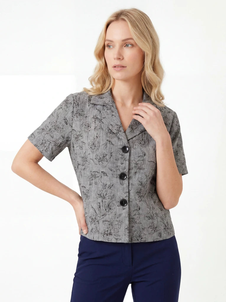 Grey Printed Short Sleeve Button Front Shirt