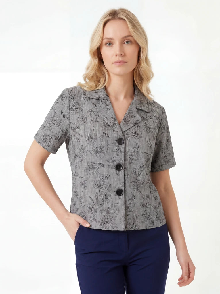 Grey Printed Short Sleeve Button Front Shirt