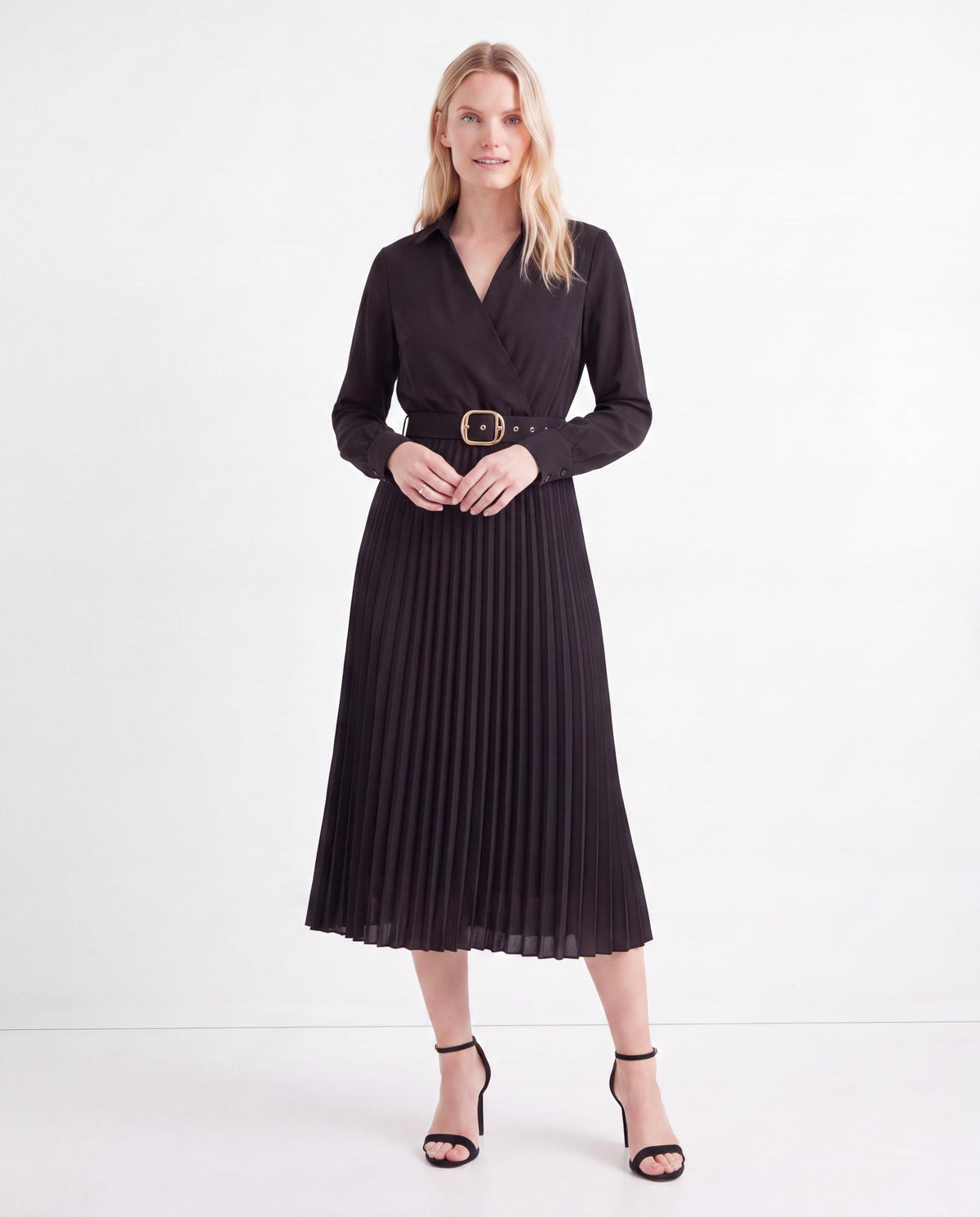Belted Pleated Midi Shirt Dress