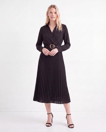 Belted Pleated Midi Shirt Dress