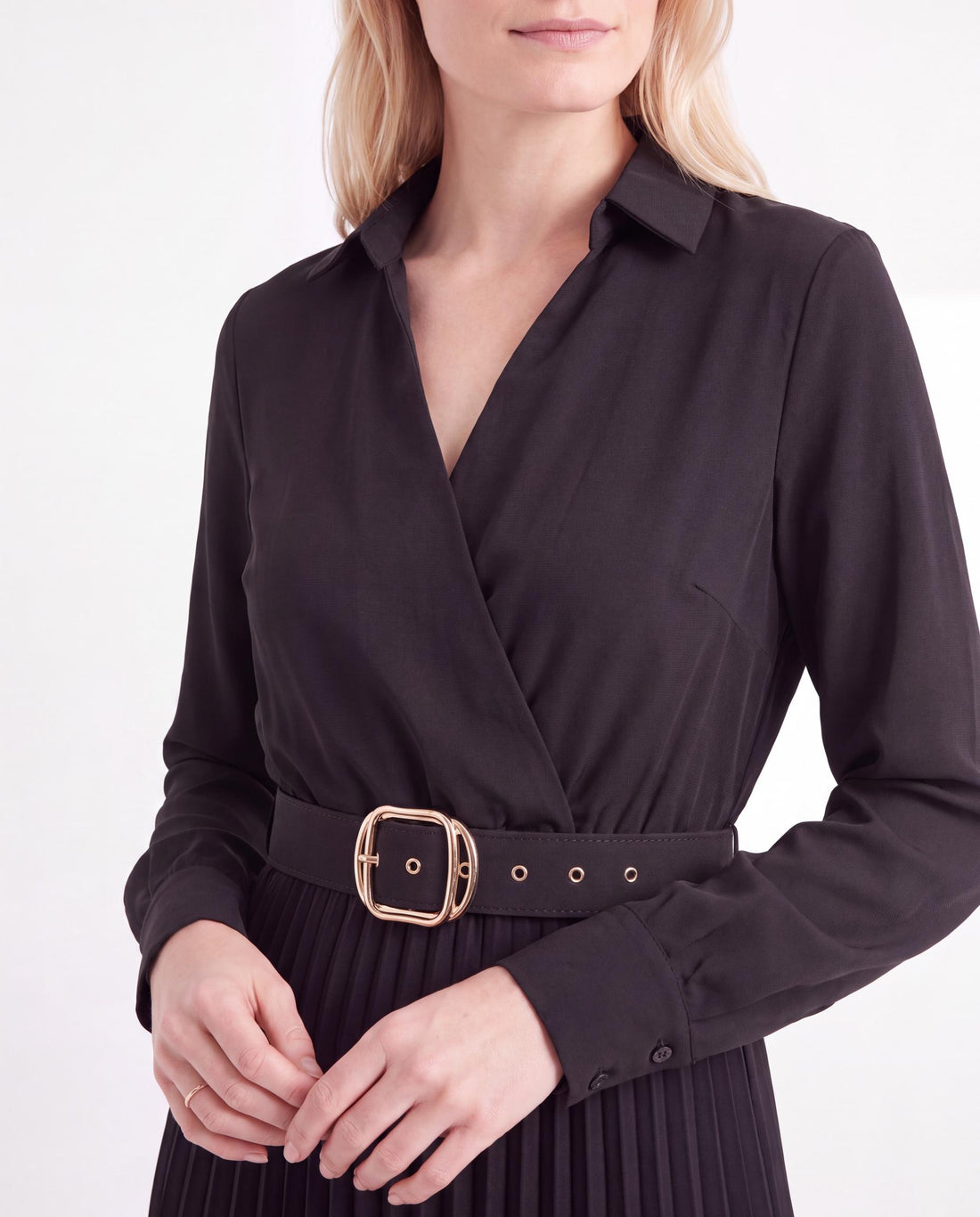 Belted Pleated Midi Shirt Dress