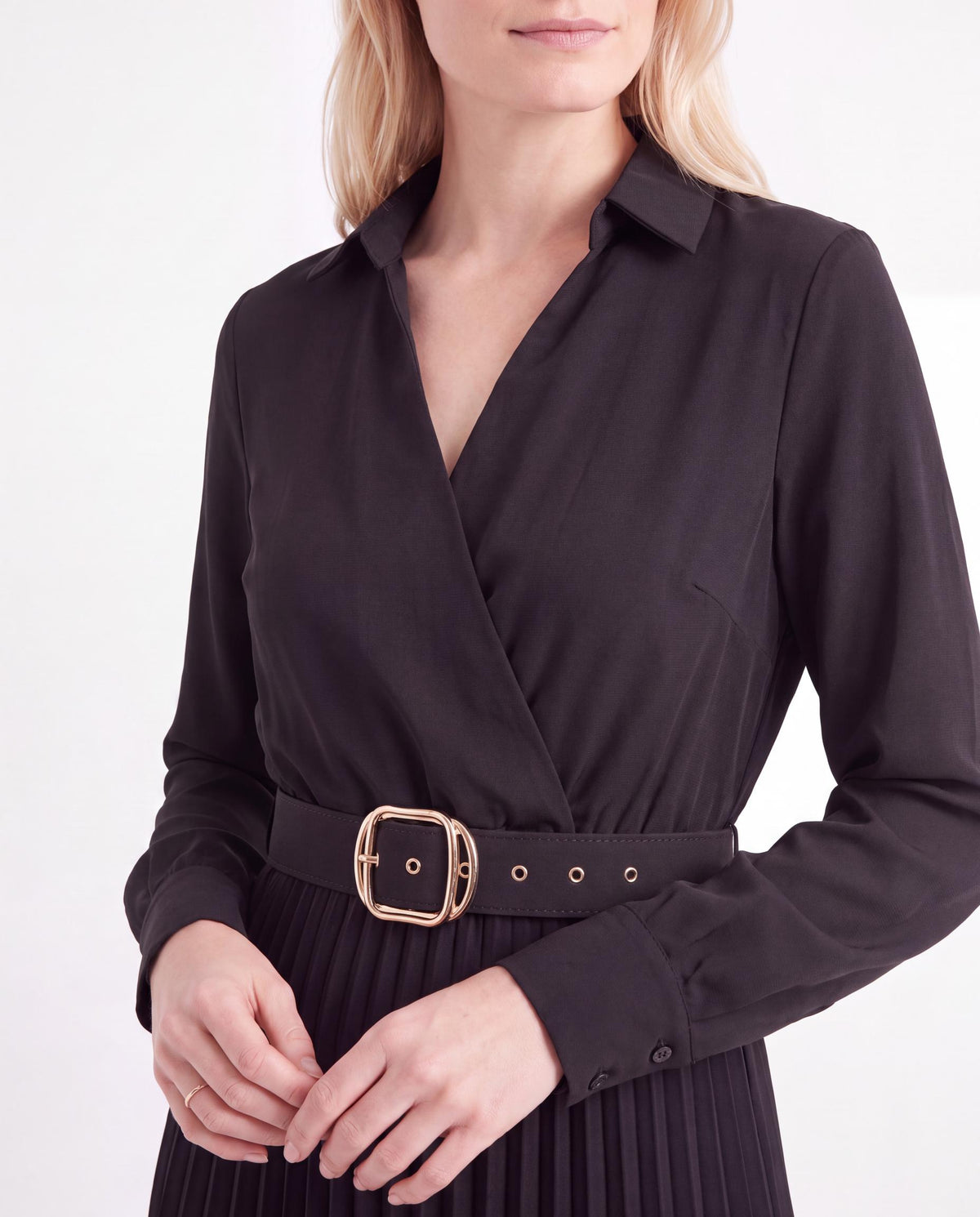 Belted Pleated Midi Shirt Dress