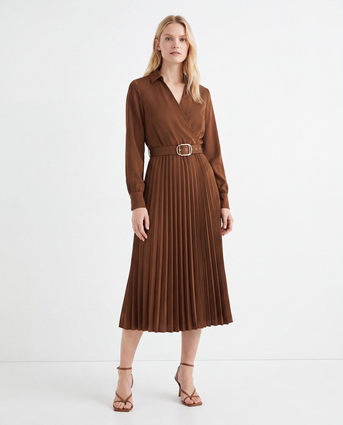 Belted Pleated Midi Shirt Dress