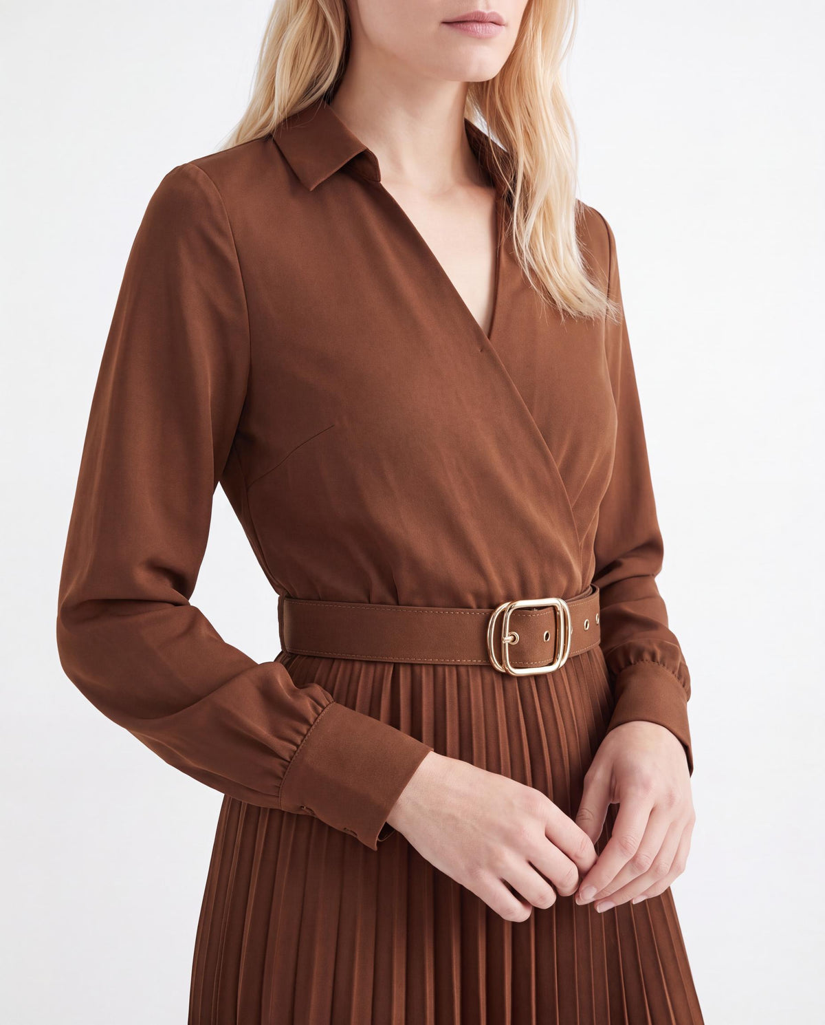 Belted Pleated Midi Shirt Dress