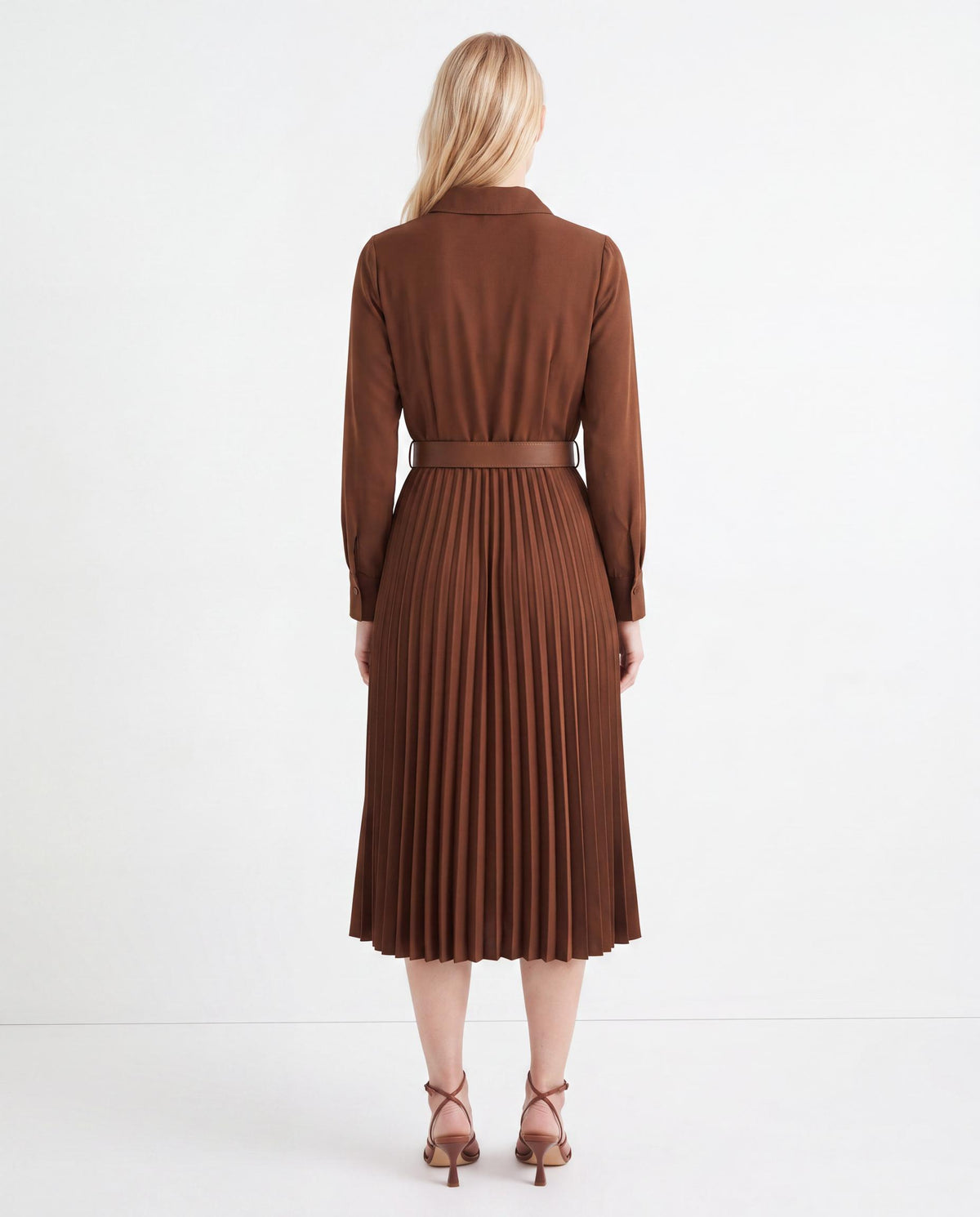Belted Pleated Midi Shirt Dress