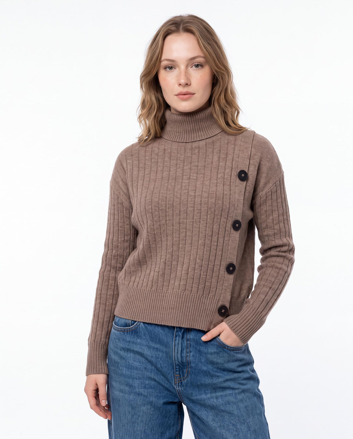 Turtleneck Sweater with Side Button Detail
