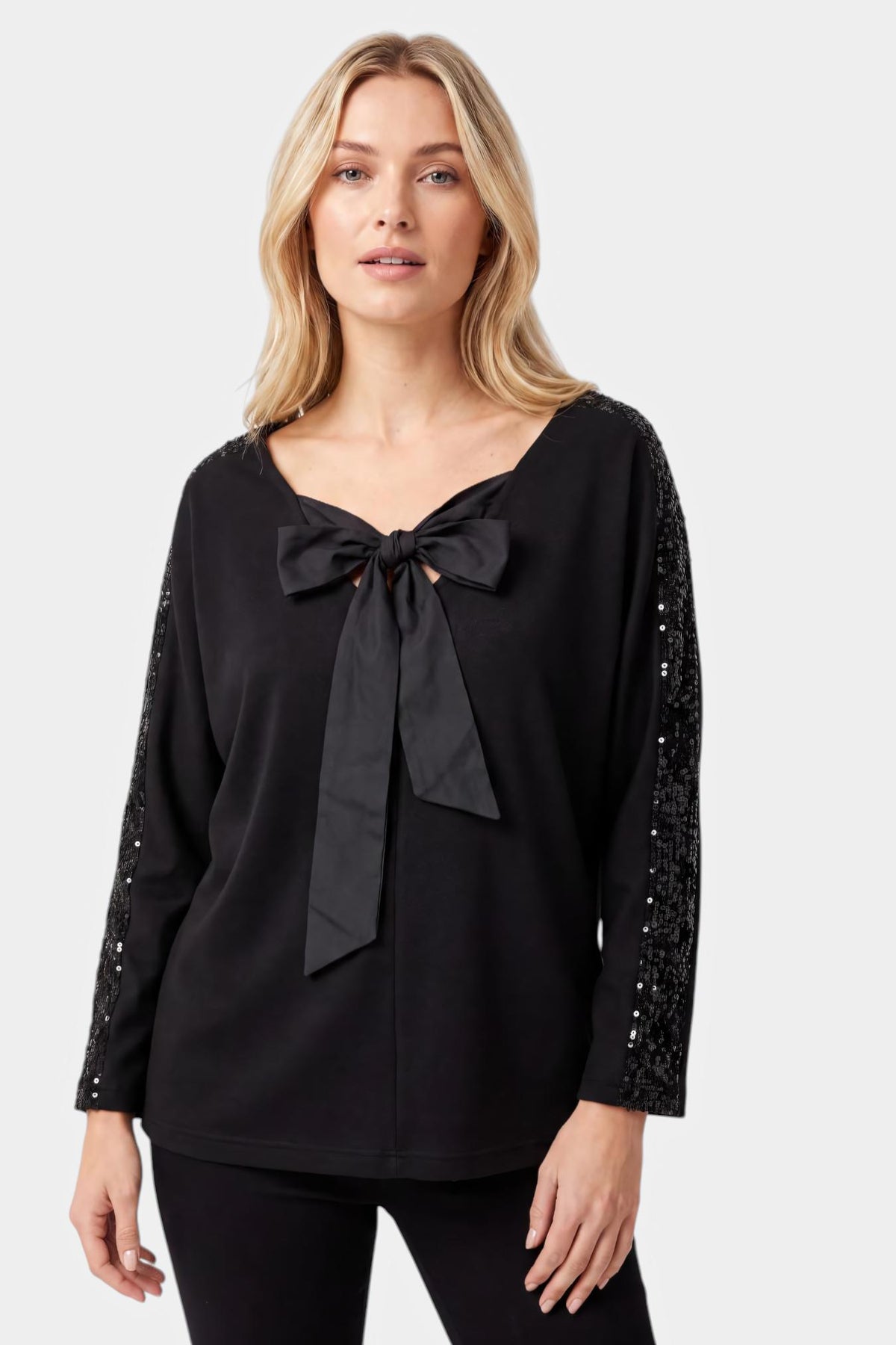 Bow Tie Neck Top with Sequin Sleeves