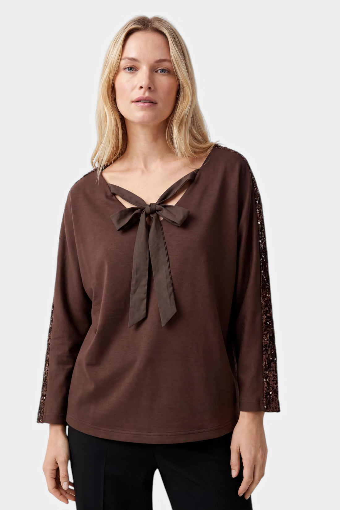 Bow Tie Neck Top with Sequin Sleeves