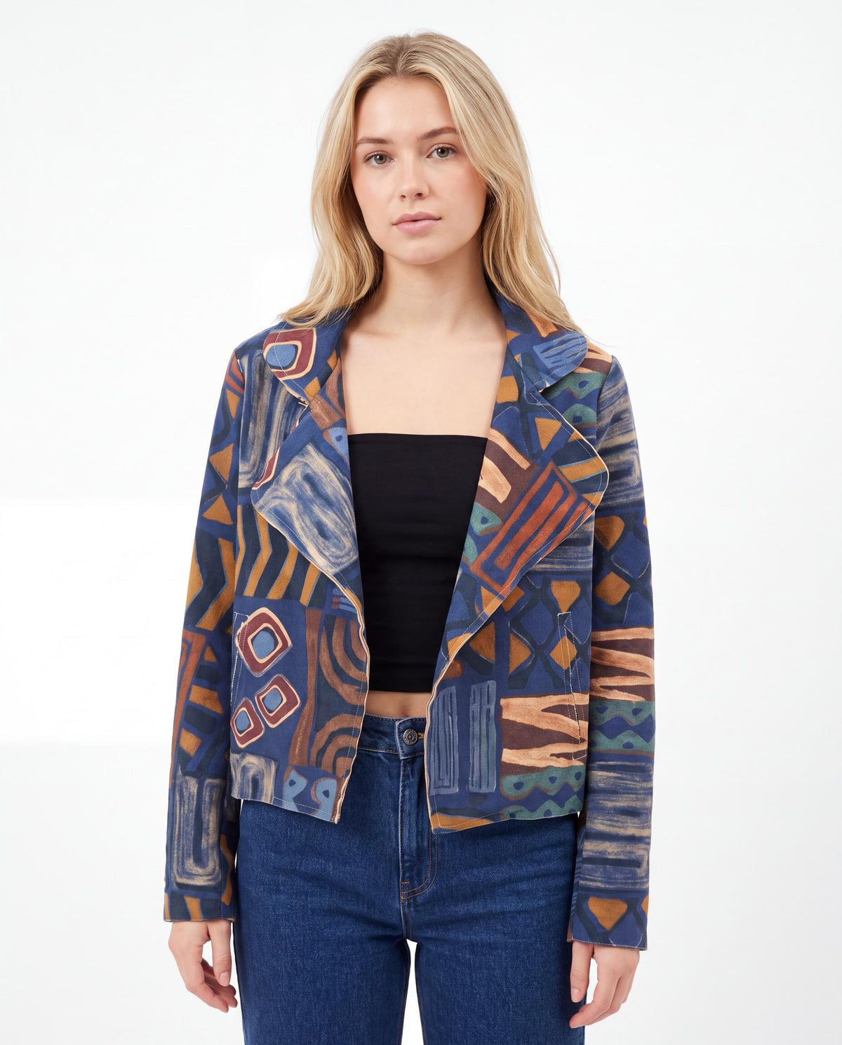 Abstract Print Cropped Open-Front Jacket