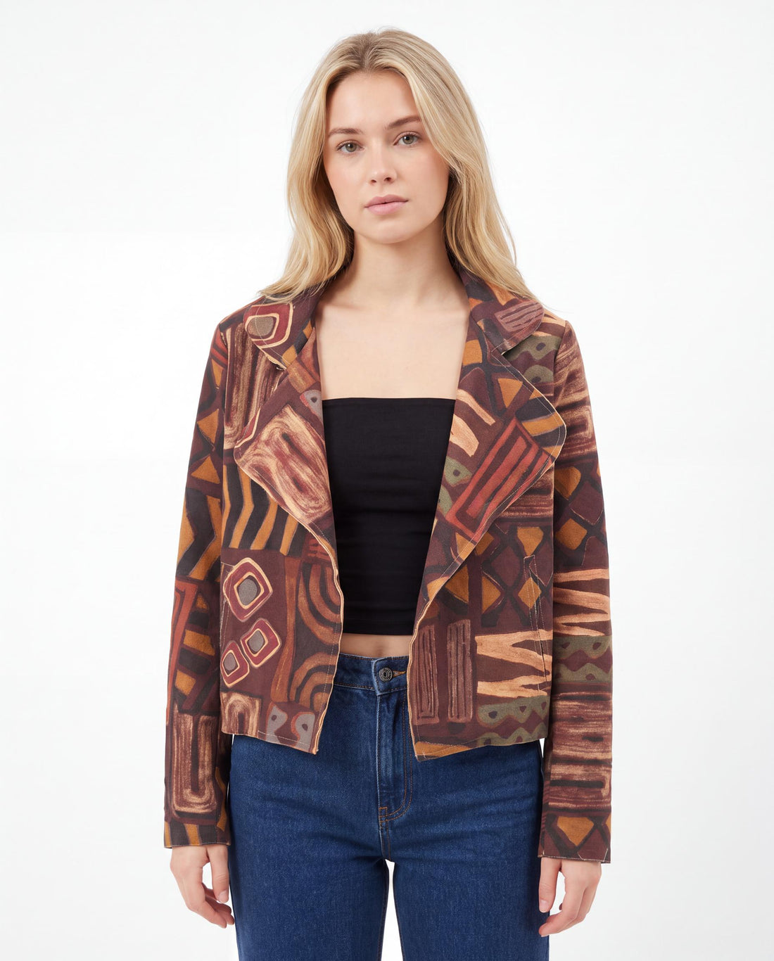 Abstract Print Cropped Open-Front Jacket
