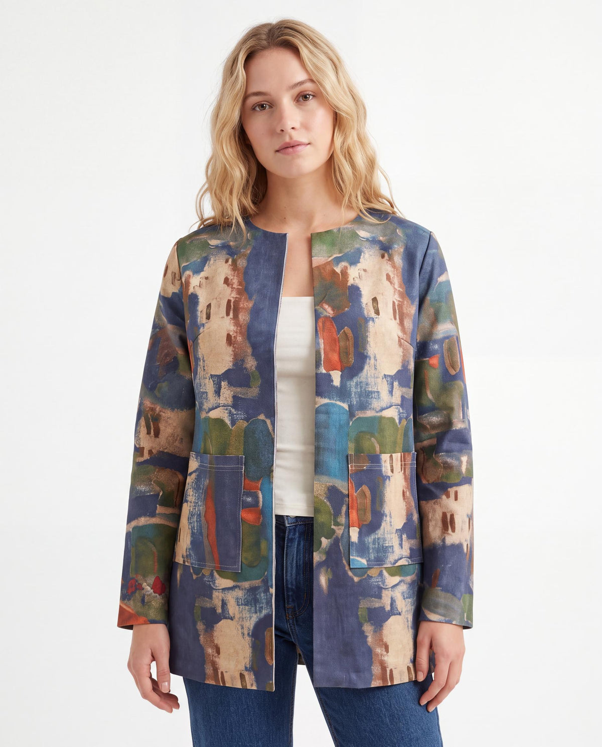 Printed Collarless Longline Jacket